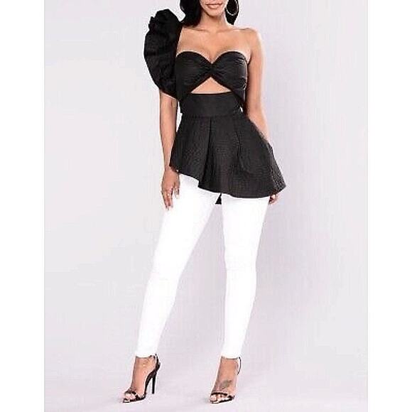 Fashion Nova Call Me Black Peplum One Shoulder Avant Garde Cutout Blouse Top S - Picture 2 of 7